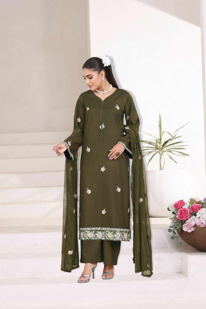 Dark Olive Green 3 Piece Stitched