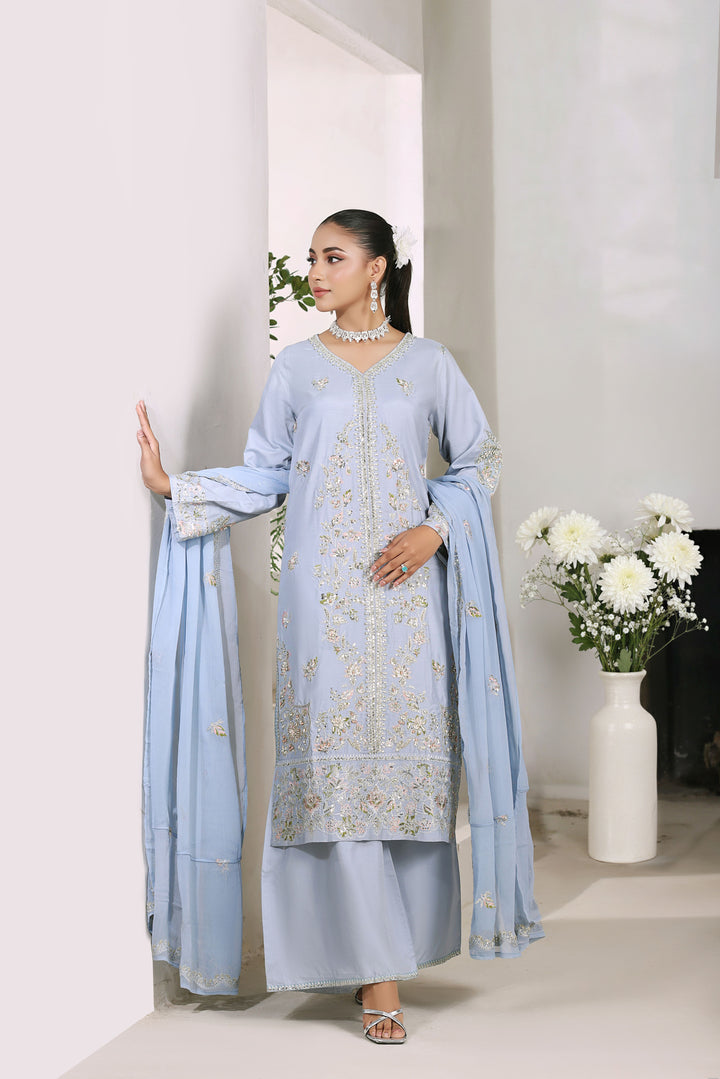 Sky Blue Aura 3 Piece Stitched