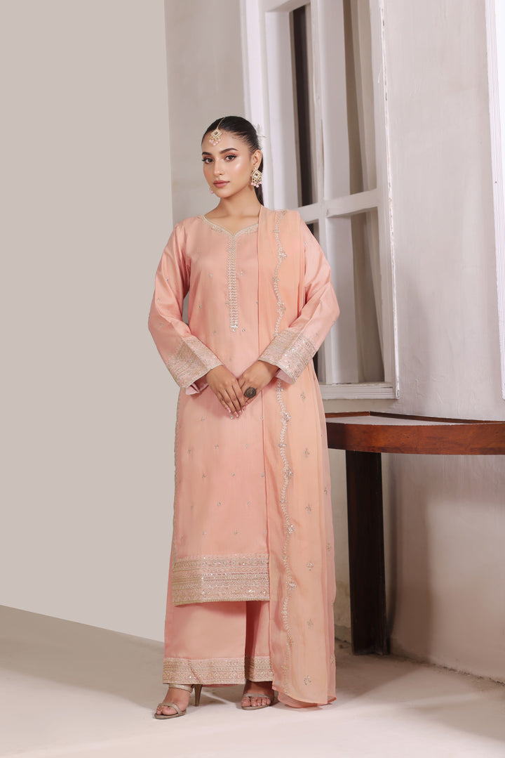Peach Elegance 3 Piece Stitched