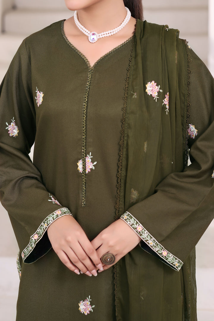 Dark Olive Green 3 Piece Stitched