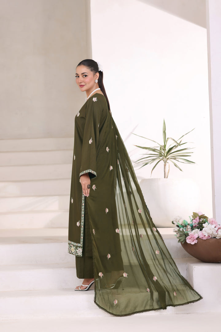 Dark Olive Green 3 Piece Stitched
