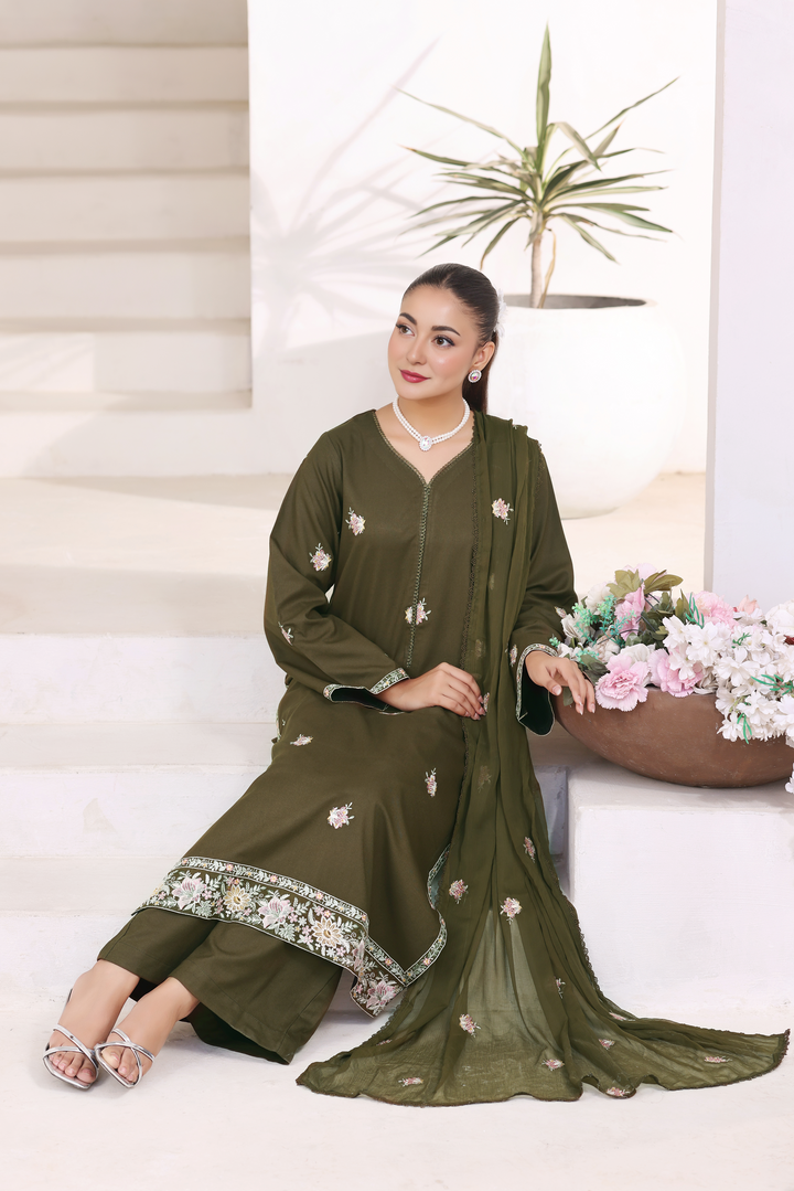 Dark Olive Green 3 Piece Stitched