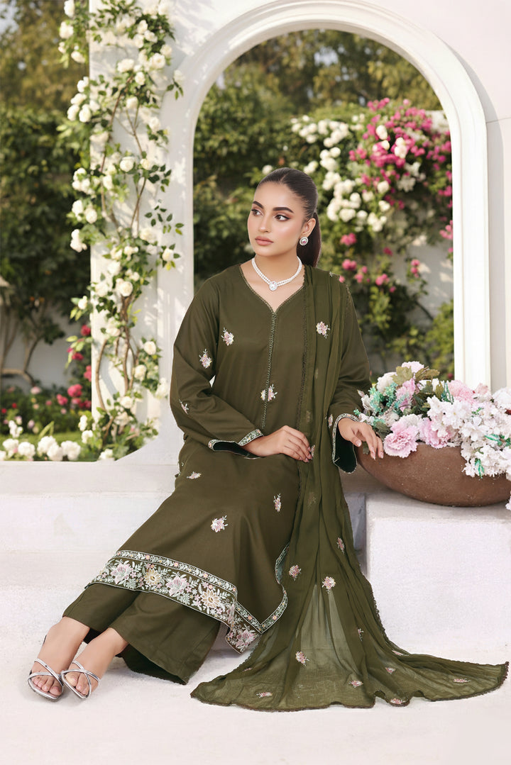 Dark Olive Green 3 Piece Stitched